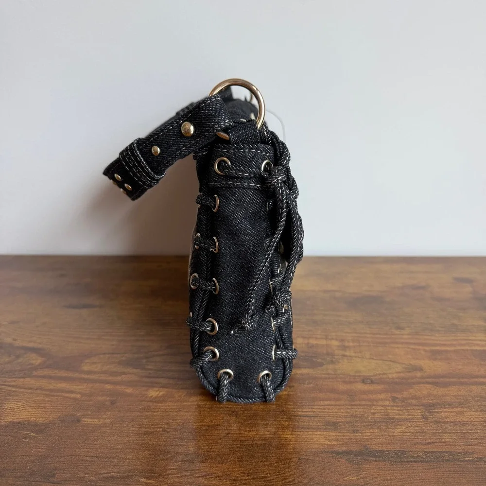New True Religion Black Denim Leopard Shoulder Handbag Western Horseshoe Cute